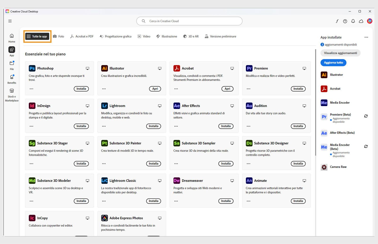 La scheda Tutte le applicazioni che mostra tutte le app Creative Cloud con il pulsante a tre punti per ciascuna app. 
