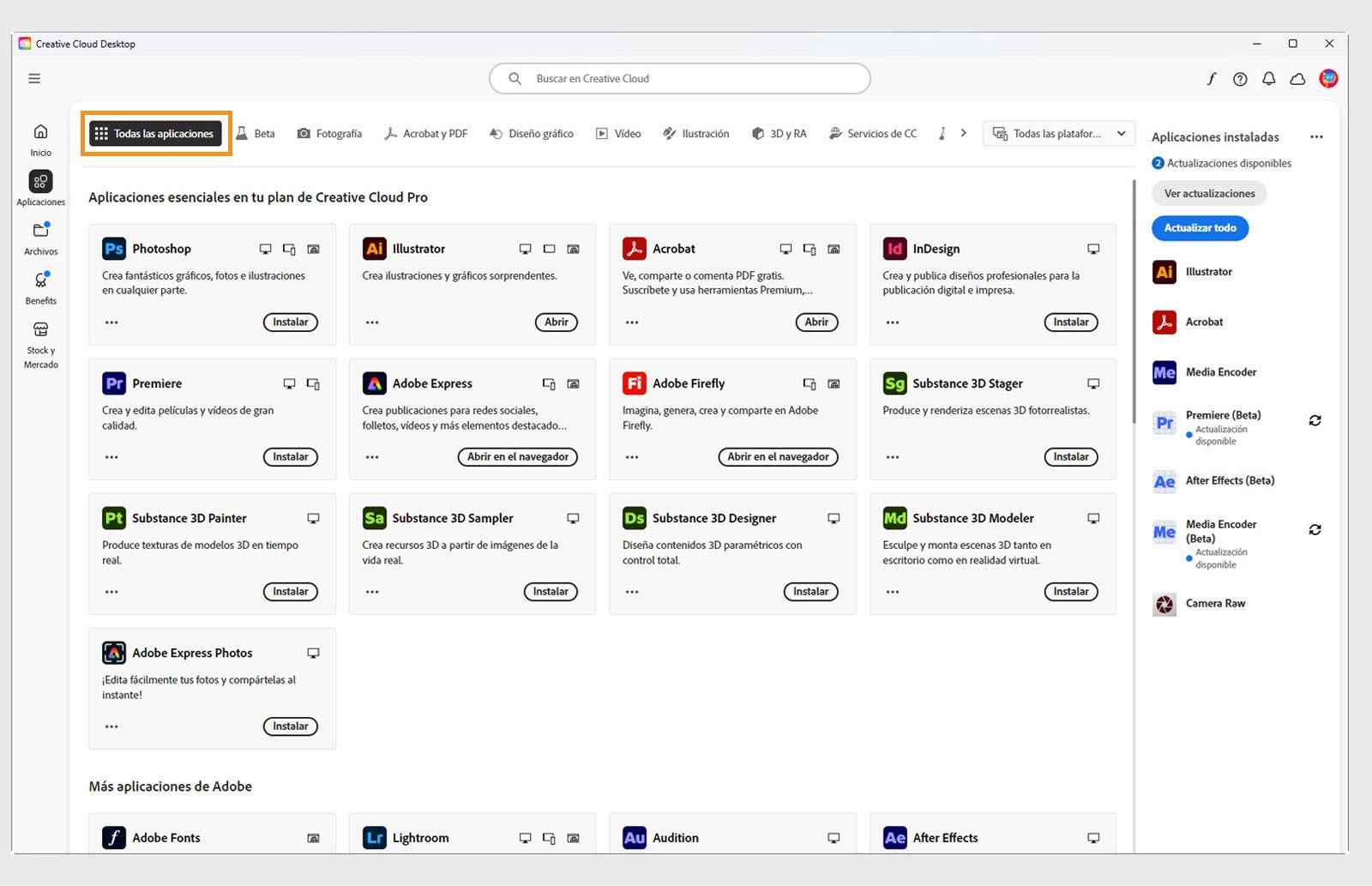 Pestaña de Todas las aplicaciones que muestra todas las aplicaciones de Creative Cloud con el botón de tres puntos para cada una de ellas. 