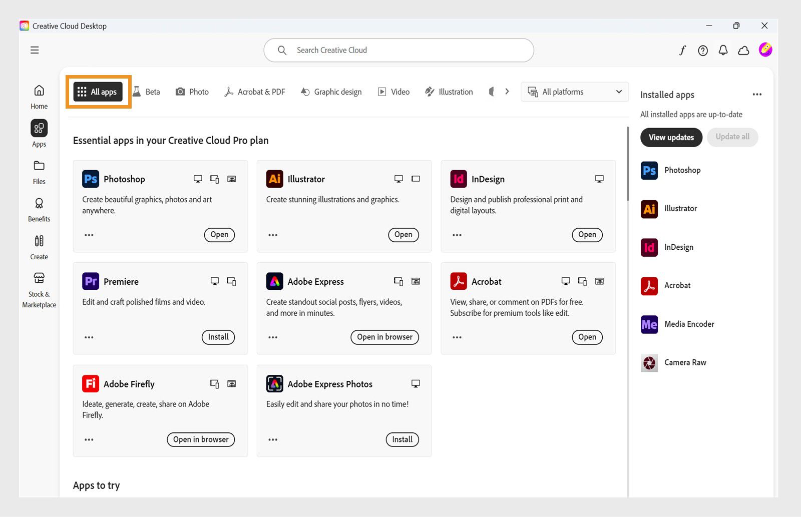 Cilne Visas lietojumprogrammas, kas parāda visas Creative Cloud lietotnes ar trīs punktu pogām katrai lietotnei. 