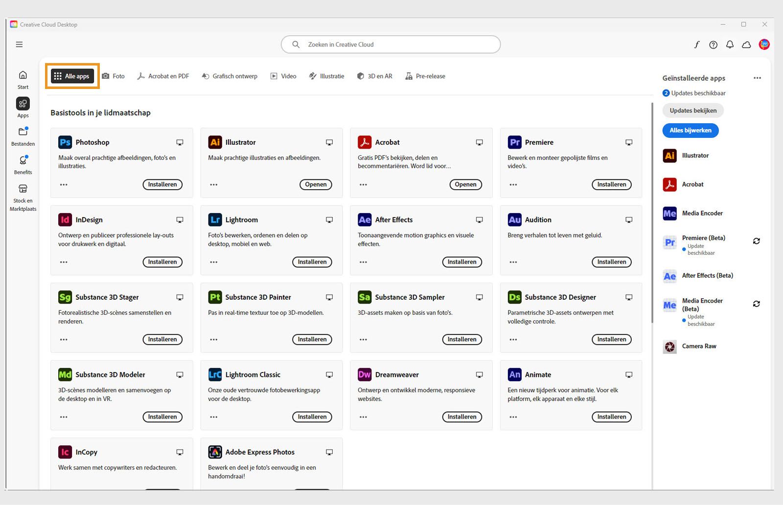 Het tabblad Alle apps met alle Creative Cloud-apps en de knop met drie puntjes voor elke app. 