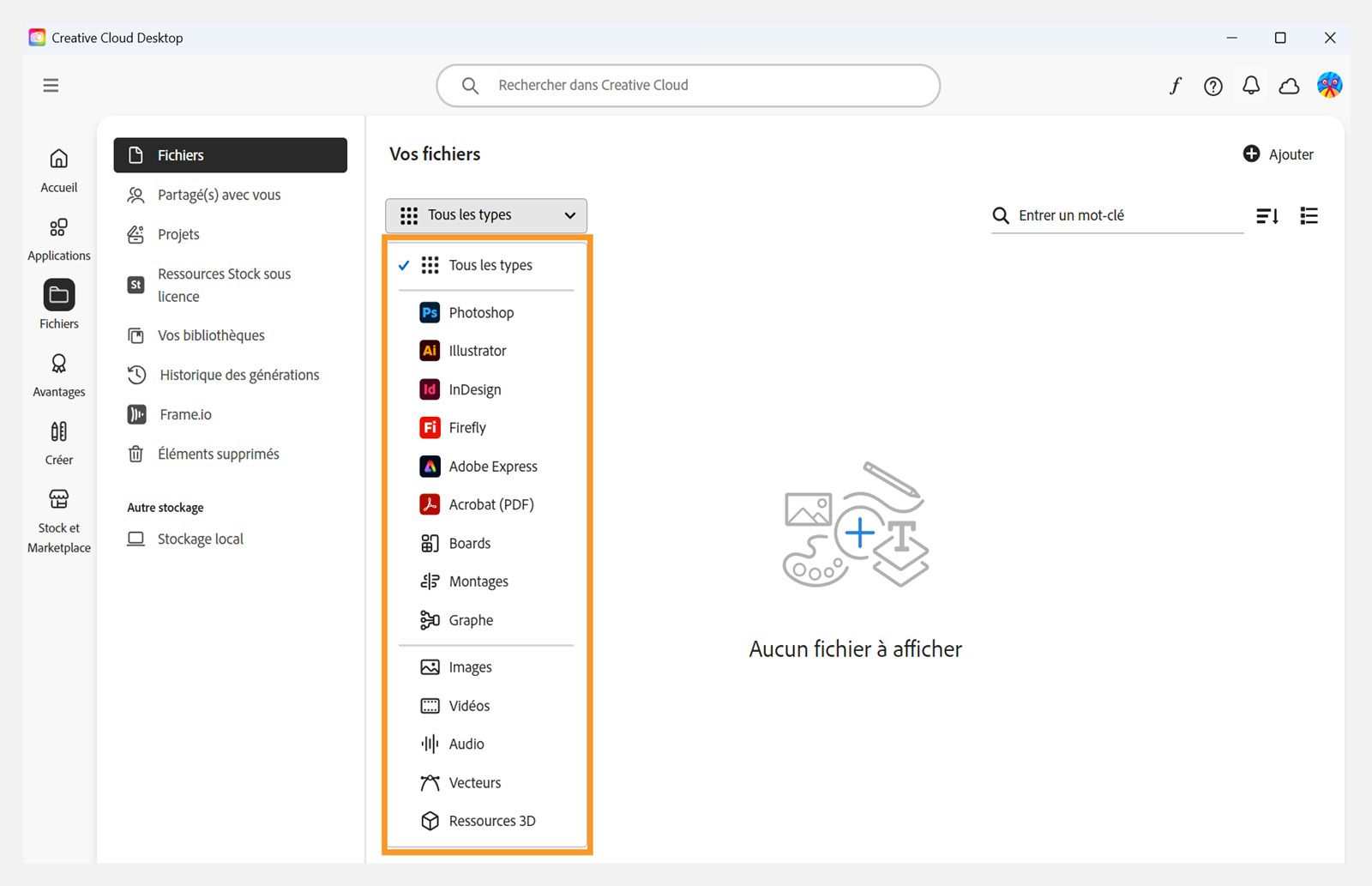 Le menu déroulant sous Fichiers dans l’onglet Fichiers offre la possibilité d’appliquer des filtres à vos documents cloud. 