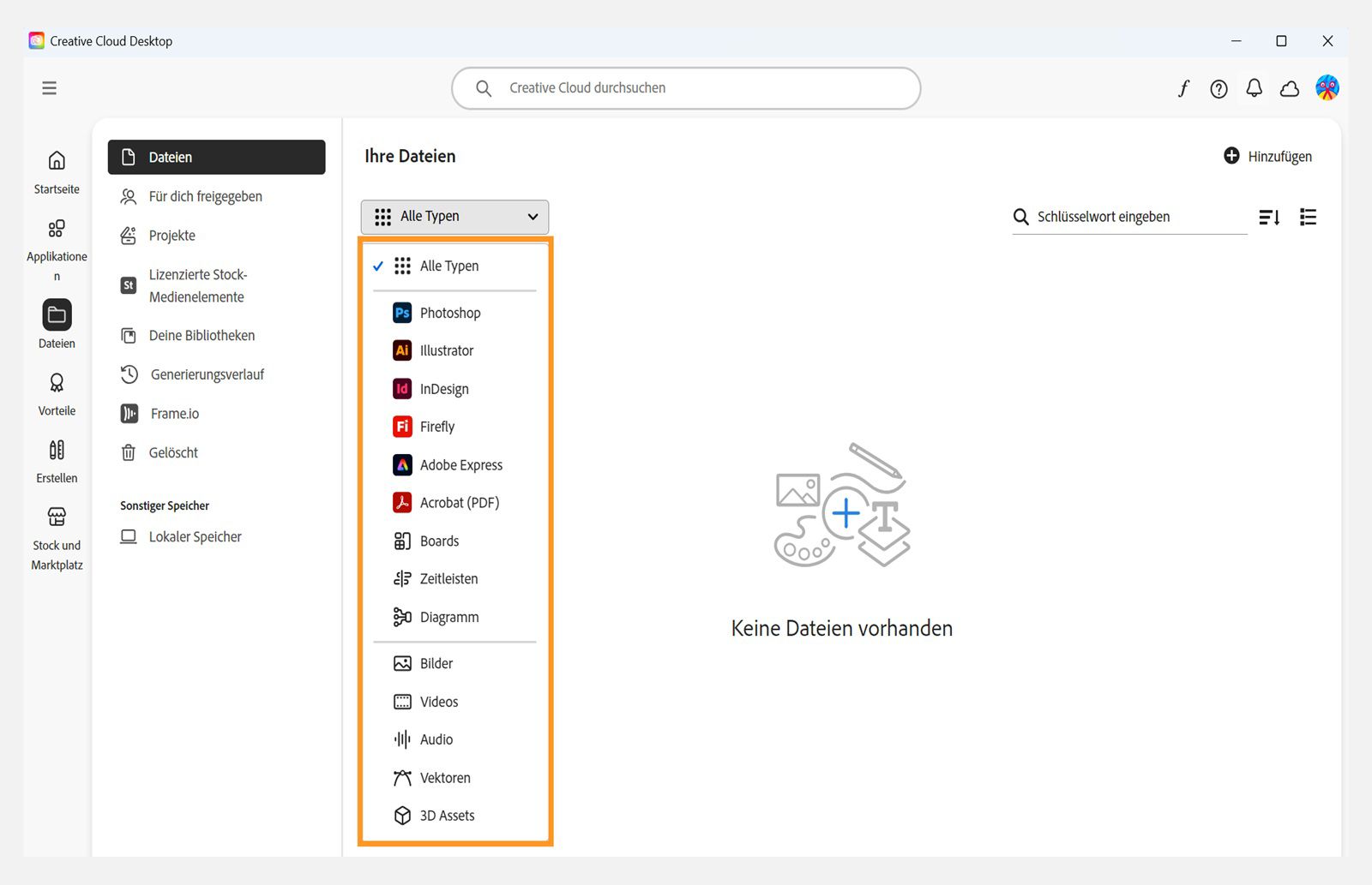 Das Dropdown-Menü unter „Dateien“ auf der Registerkarte „Dateien“ enthält eine Option zum Anwenden von Filtern auf deine Cloud-Dokumente. 