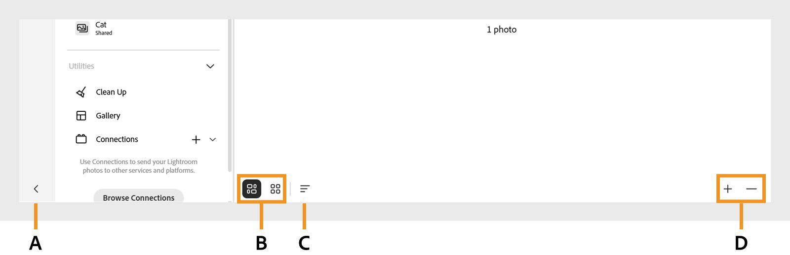 The All Photos workspace displays options to sort images, adjust image size and grid, and collapse the sidebar.