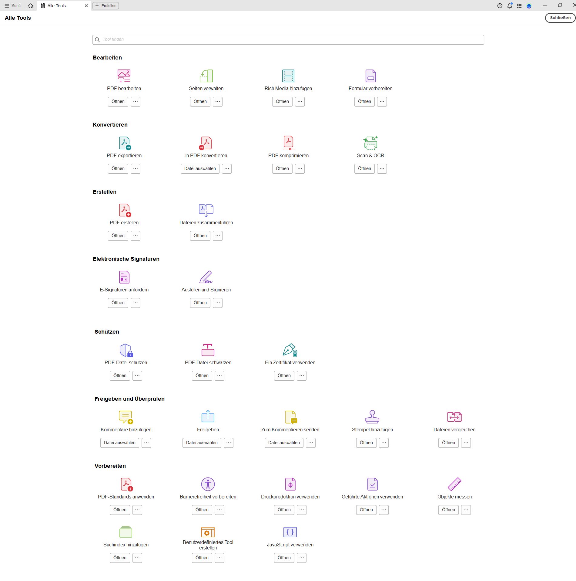 Liste aller Werkzeuge, die in der Adobe Acrobat-Desktopanwendung verfügbar sind.
