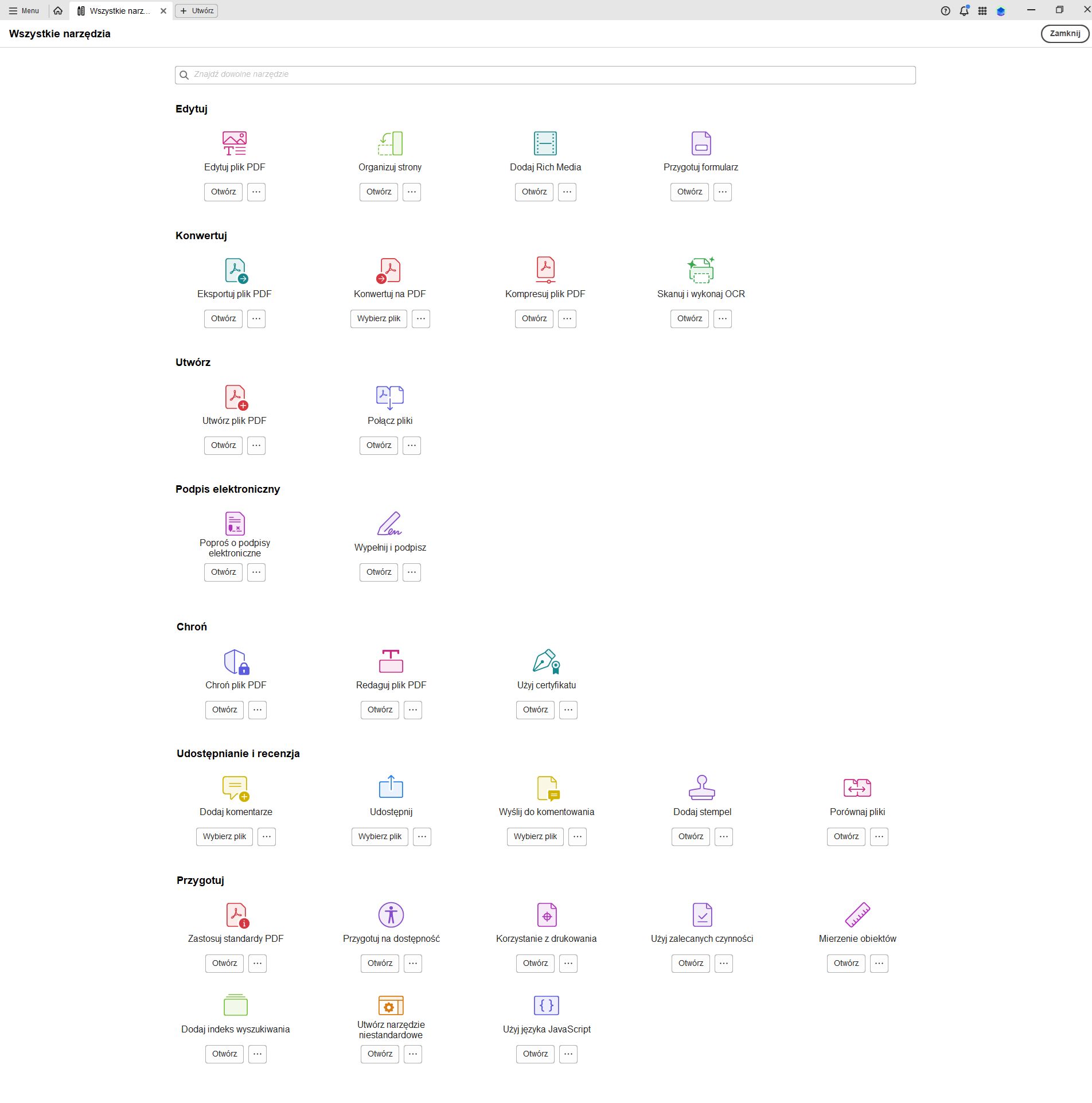 Lista wszystkich narzędzi dostępnych w aplikacji komputerowej Adobe Acrobat.