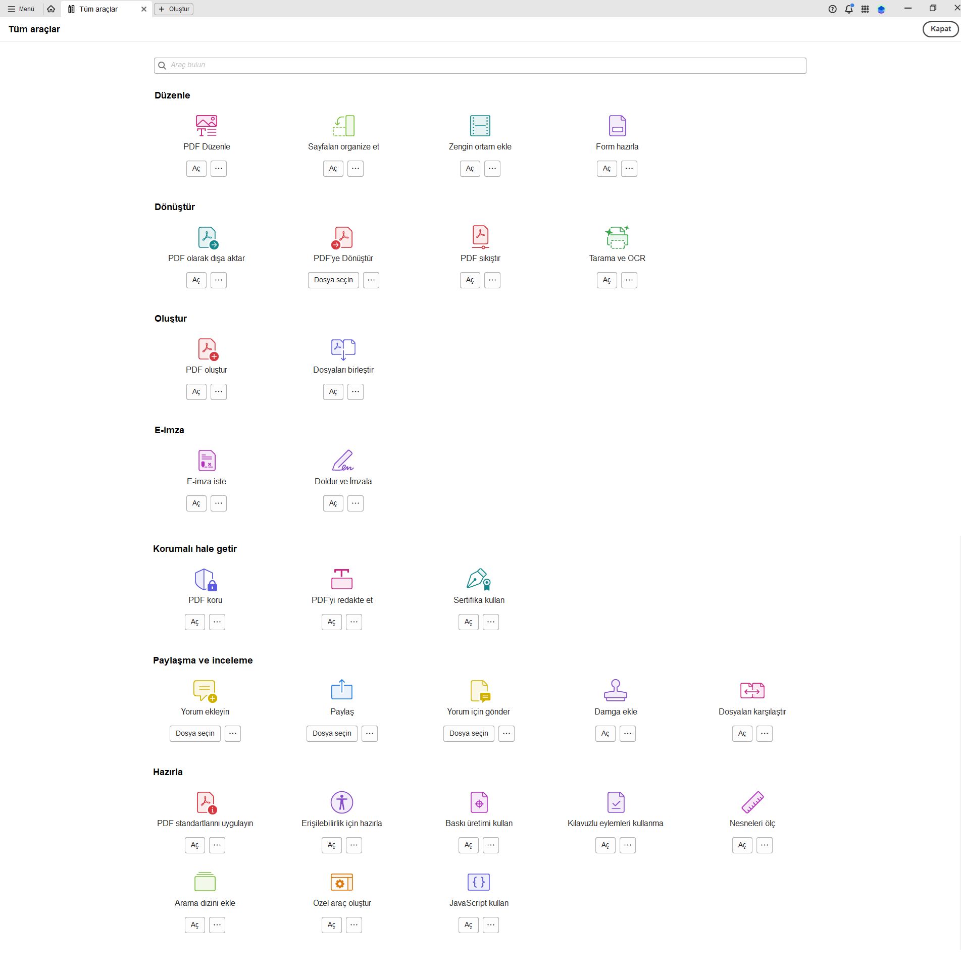 Adobe Acrobat masaüstü uygulamasında bulunan tüm araçların listesi.
