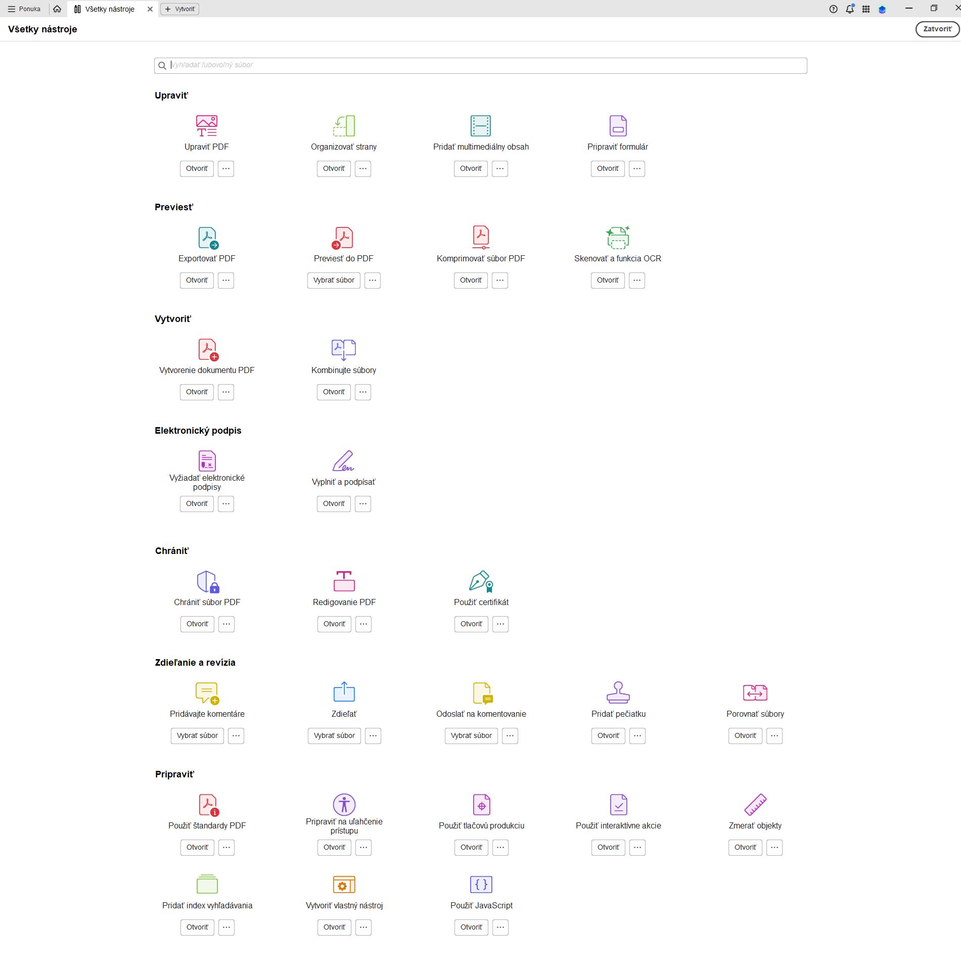 Zoznam všetkých nástrojov dostupných v počítačovej aplikácii Adobe Acrobat.