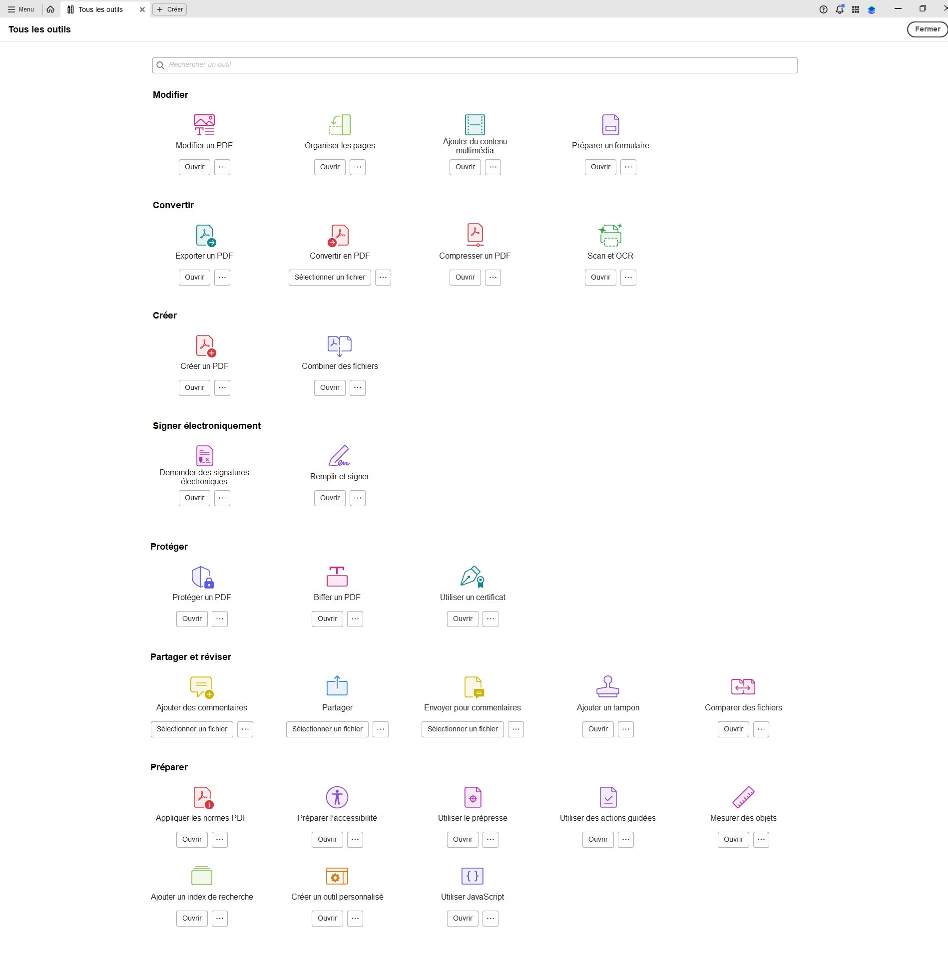 Liste de tous les outils disponibles dans l’application de bureau Adobe Acrobat.