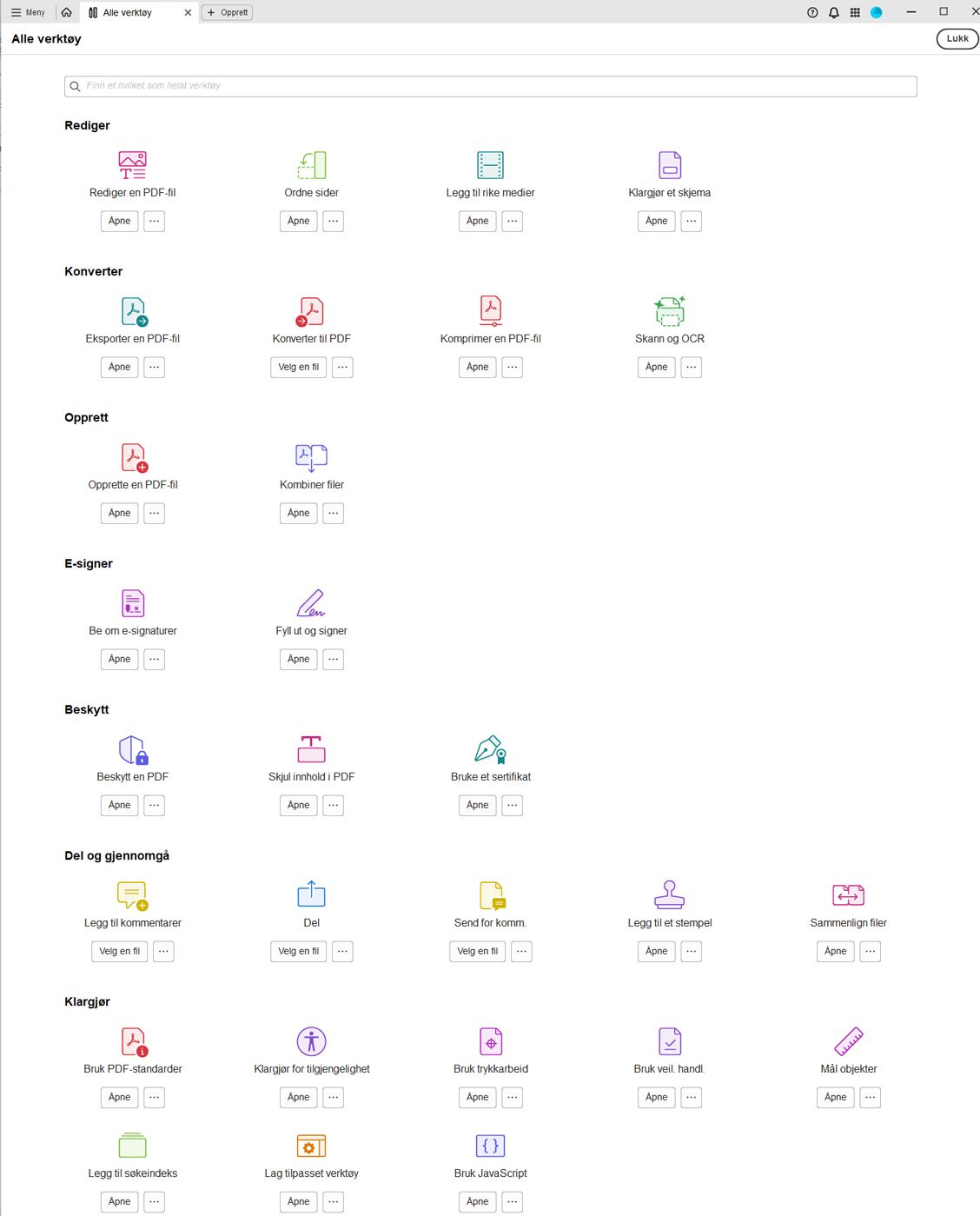 Liste over alle verktøyene som er tilgjengelige i Adobe Acrobat-skrivebordsprogrammet.