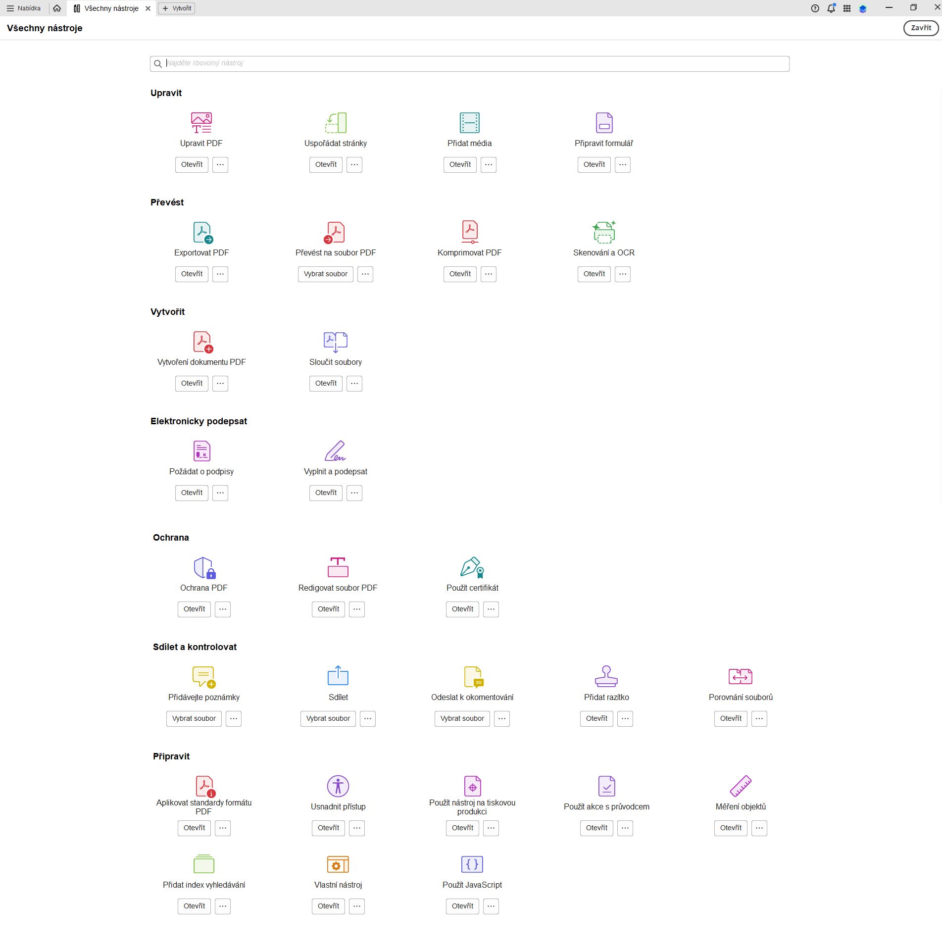 Seznam všech nástrojů dostupných v aplikaci Adobe Acrobat pro počítače.