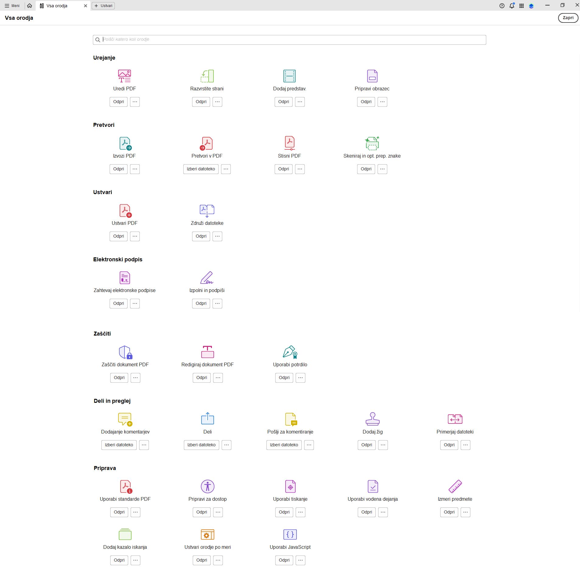 Seznam vseh orodij, ki so na voljo v Adobe Acrobatu za namizne računalnike.