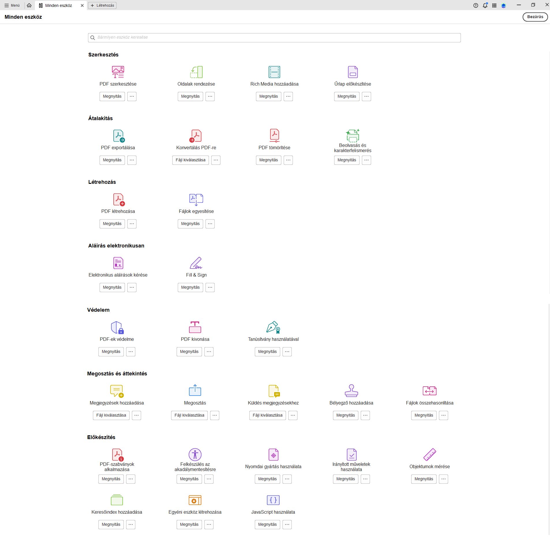 Az Adobe Acrobat asztali alkalmazásban elérhető összes eszköz listája.