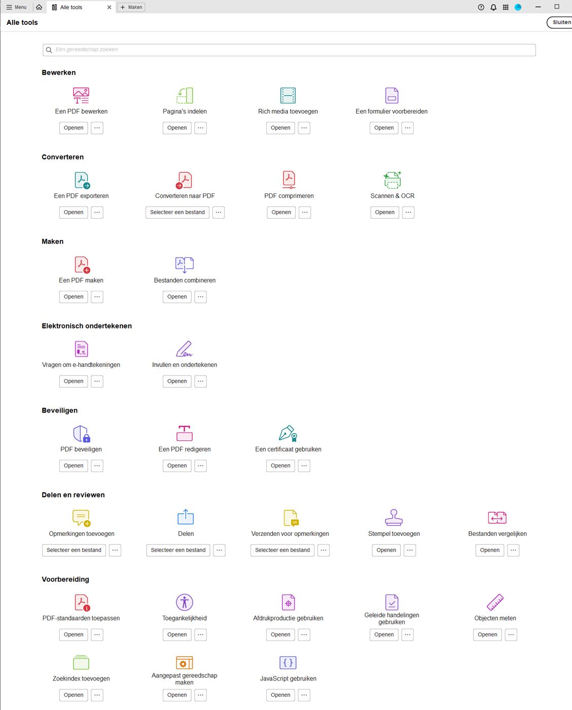 Lijst van alle tools die beschikbaar zijn in de Adobe Acrobat-desktopapplicatie.