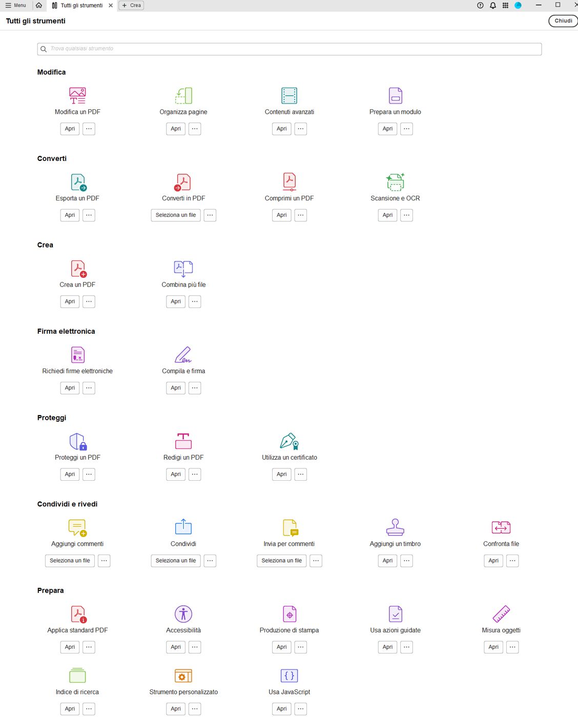 Elenco di tutti gli strumenti disponibili nell’applicazione Adobe Acrobat per desktop.