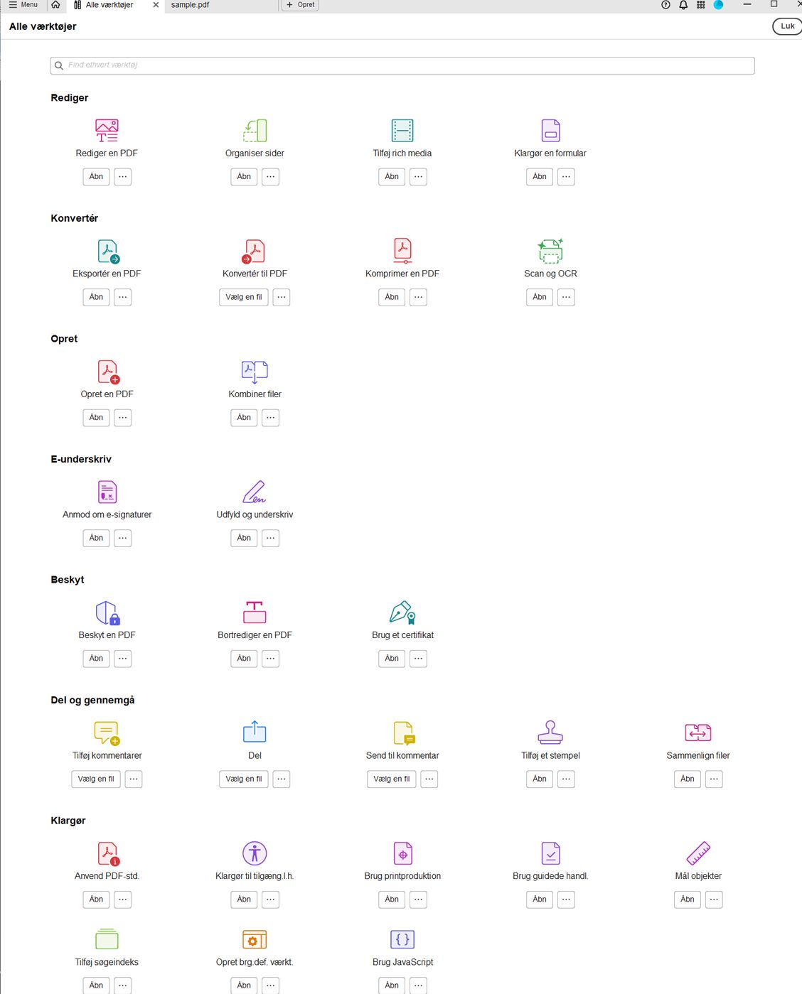 Liste over alle tilgængelige værktøjer i Adobe Acrobat-applikationen til pc.