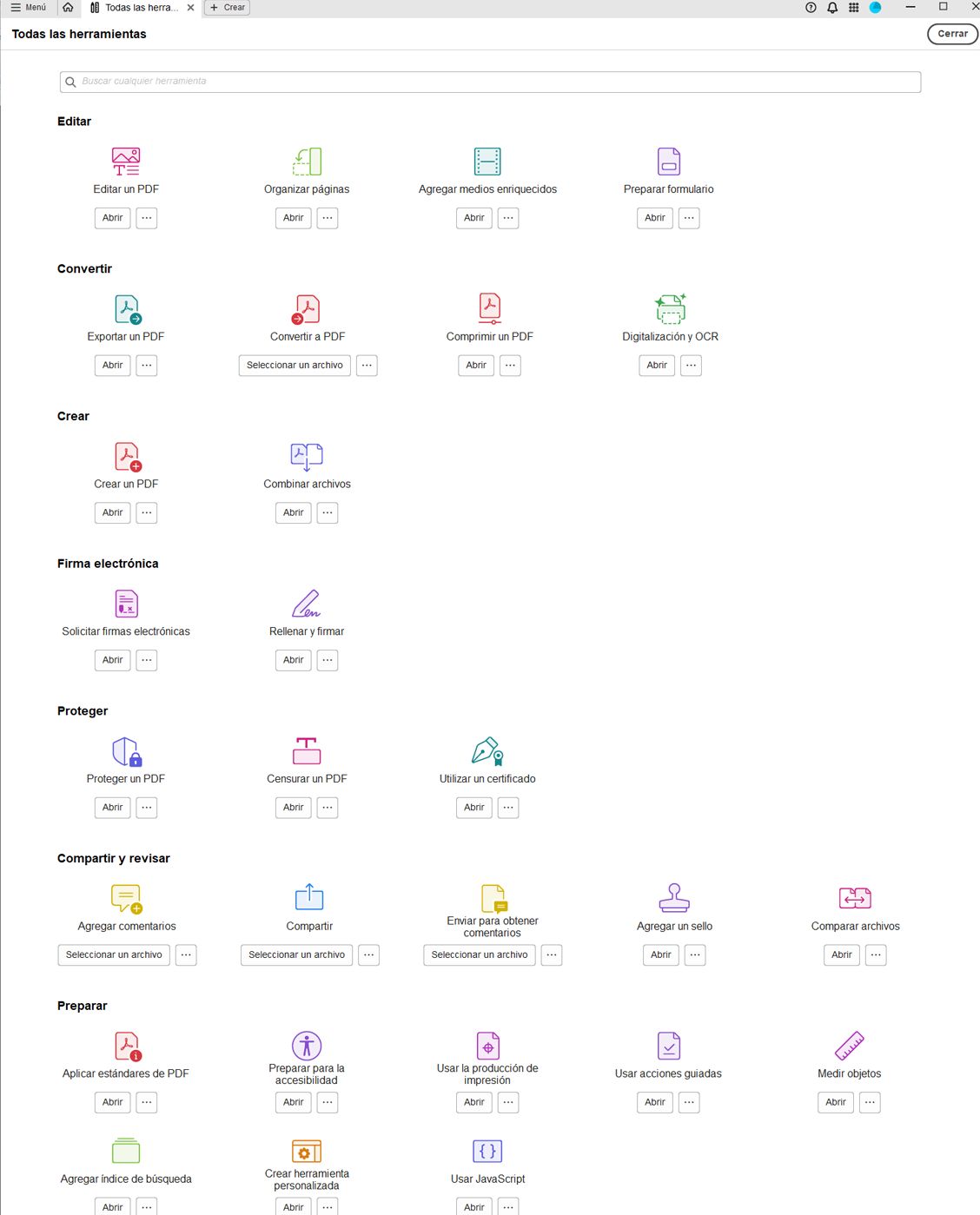 Lista de todas las herramientas disponibles en la aplicación de escritorio Adobe Acrobat.