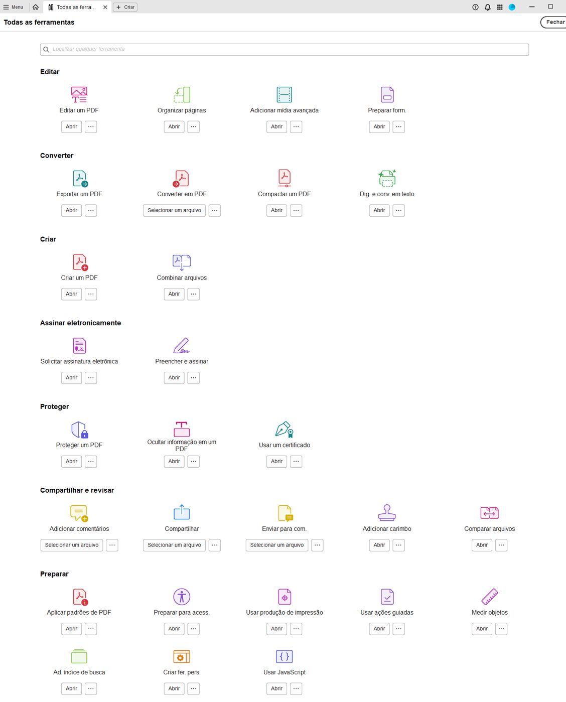 Lista de todas as ferramentas disponíveis no aplicativo de desktop do Adobe Acrobat.