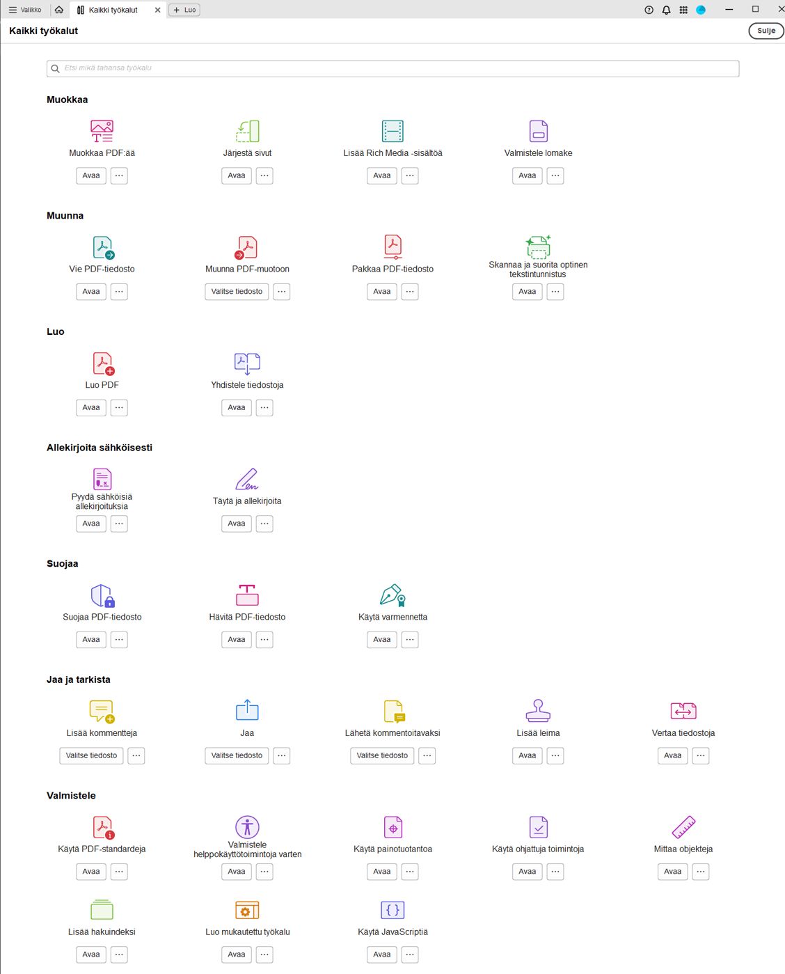 Luettelo kaikista Adobe Acrobat -työpöytäsovelluksessa käytettävissä olevista työkaluista.