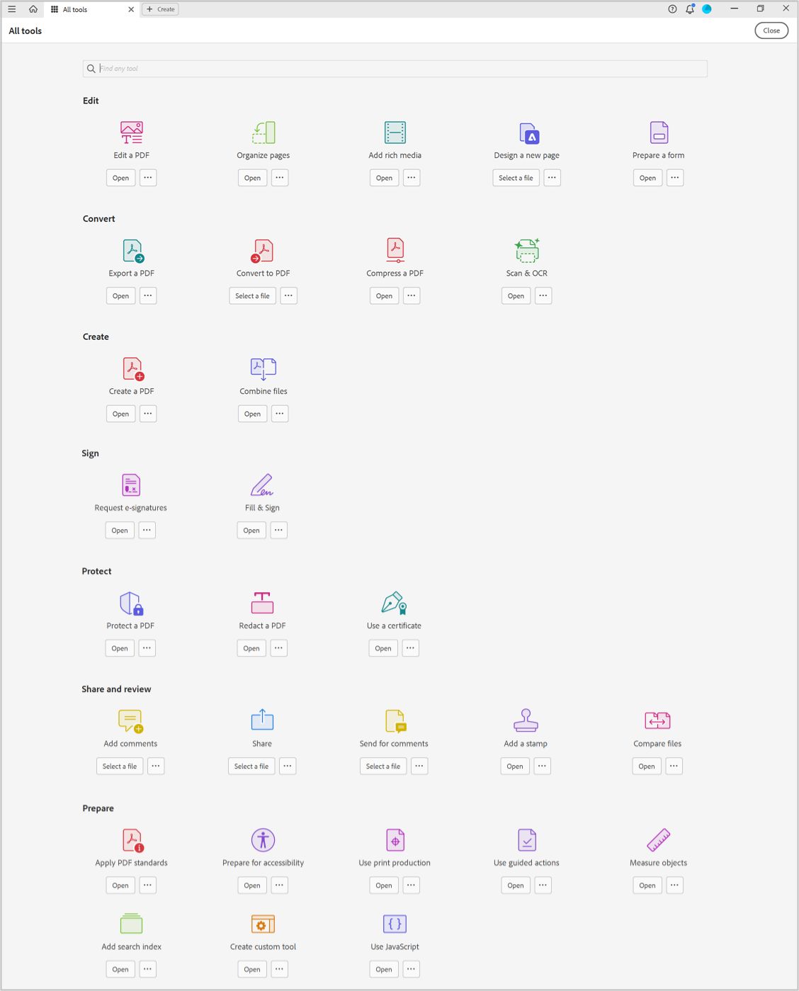 قائمة بكل الأدوات المتوفرة في تطبيق Adobe Acrobat لسطح المكتب.