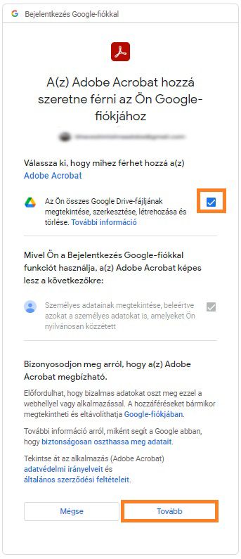 Megjelenik a Bejelentkezés a Google-lel ablak. Válassza ki, hogy az Adobe Acrobat milyen információkhoz férhet hozzá a Google-fiókjában. 