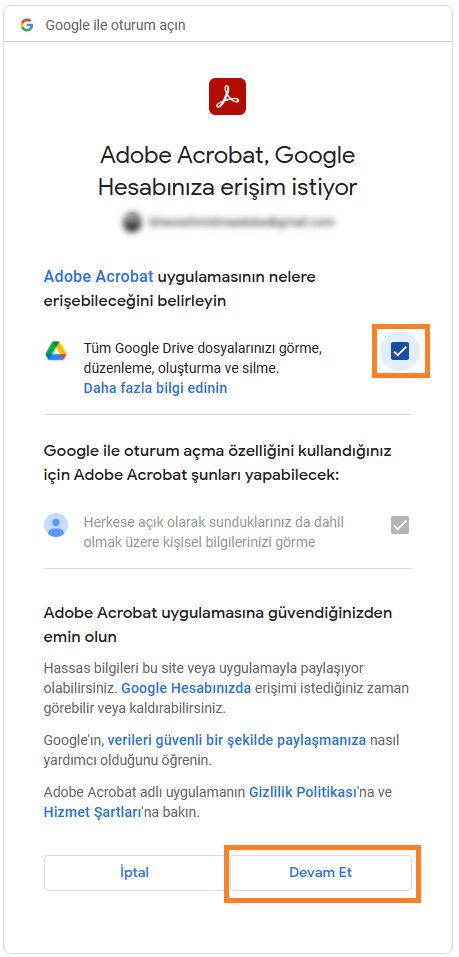 Google ile giriş yap penceresi gösterilir. Adobe Acrobat'ın Google Hesabınızdan hangi bilgilere erişebileceğini seçin. 