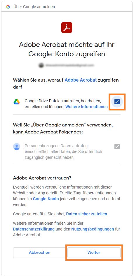 Das Fenster „Mit Google anmelden“ wird angezeigt. Lege fest, auf welche Informationen Adobe Acrobat in deinem Google-Konto zugreifen kann. 