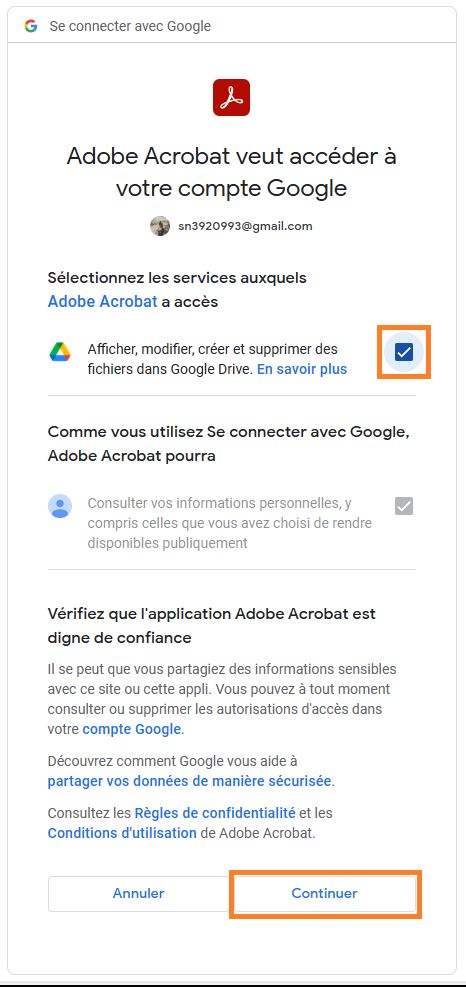 La fenêtre Se connecter avec Google s’affiche. Sélectionnez les informations auxquelles Adobe Acrobat peut accéder dans votre compte Google. 
