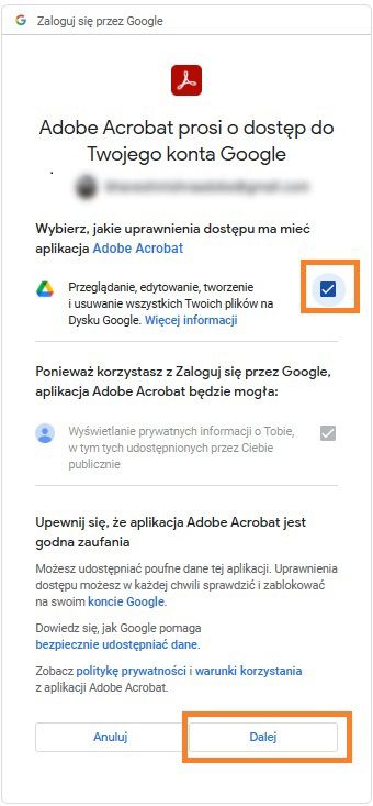 Zostanie wyświetlone okno Zaloguj się przez Google. Wybierz informacje, do których program Adobe Acrobat może uzyskać dostęp na koncie Google. 