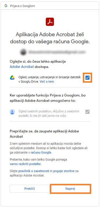 Prikaže se okno Prijava z računom Google. Izberite, do katerih podatkov lahko Adobe Acrobat dostopa v vašem računu Google. 