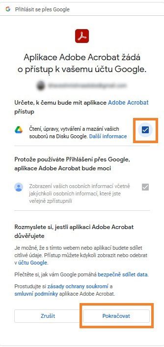 Zobrazí se okno Přihlásit se přes Google. Vyberte, k jakým informacím ve vašem účtu Google může mít aplikace Adobe Acrobat přístup. 