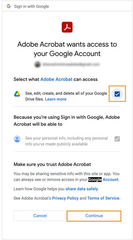 מוצג חלון הכניסה עם Google. בחרו לאיזה מידע Adobe Acrobat יוכל לגשת בחשבון ה-Google שלכם. 