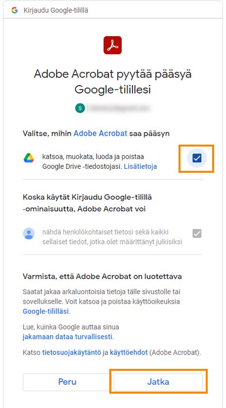 Kirjaudu sisään, kun Google-ikkuna tulee näkyviin. Valitse, mitä tietoja Adobe Acrobat voi käyttää Google-tililläsi. 