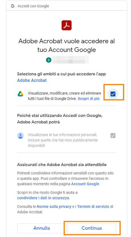 Viene visualizzata la finestra Accedi con Google. Selezionare a quali informazioni Adobe Acrobat può accedere nel proprio account Google. 