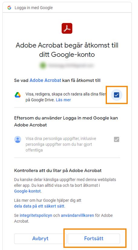 Fönstret Logga in med Google visas. Ange vilken information som Adobe Acrobat kan komma åt i ditt Google-konto. 