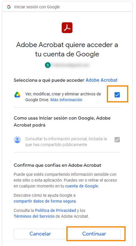 Se muestra la ventana Iniciar sesión con Google. Selecciona la información a la que puede acceder Adobe Acrobat en tu cuenta de Google. 