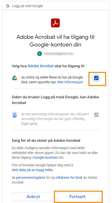 Pålogging med Google-vinduet vises. Velg hvilken informasjon Adobe Acrobat kan få tilgang til i Google-kontoen din. 