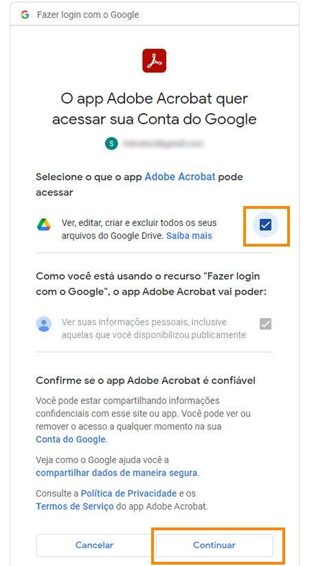 A janela Fazer logon com o Google será exibida. Selecione quais informações o Adobe Acrobat pode acessar em sua conta do Google. 