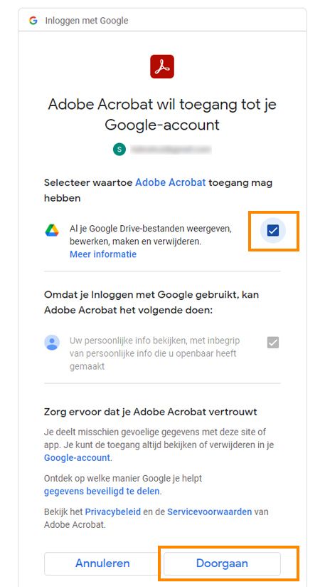 Log ind med Google-vinduet vises. Vælg, hvilke oplysninger Adobe Acrobat kan få adgang til på din Google-konto. 