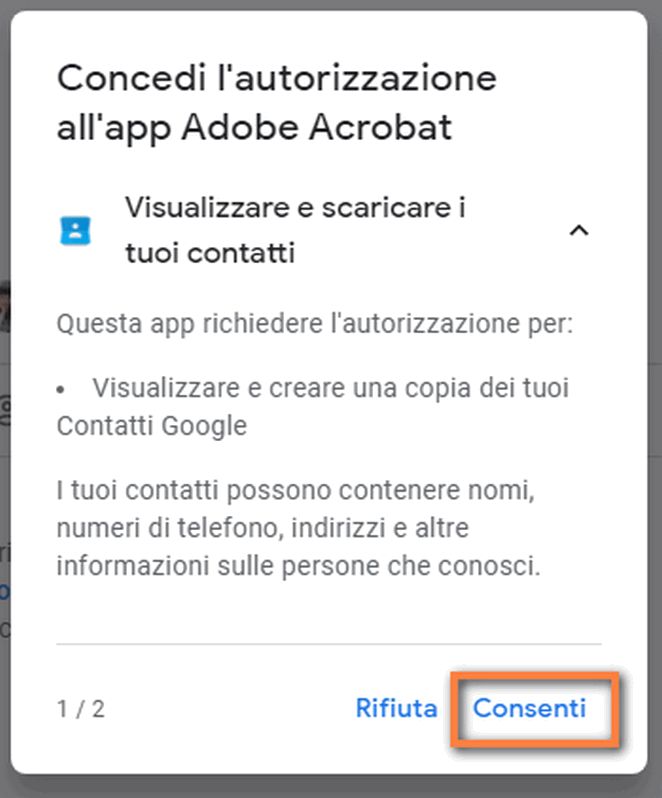Finestra di dialogo delle autorizzazioni di Acrobat per accedere ai contatti Gmail