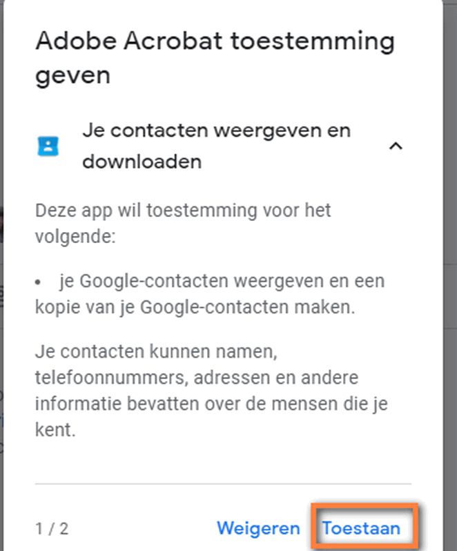 Dialoogvenster om Acrobat toegang te geven tot Gmail-contactpersonen