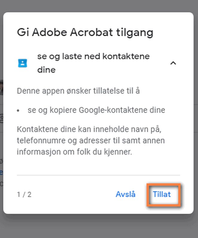 Tillatelsesdialog i Acrobat for å få tilgang til Gmail-kontakter