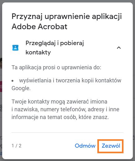 Okno dialogowe uprawnień programu Acrobat do dostępu do kontaktów poczty Gmail