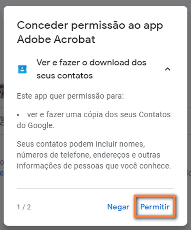 Caixa de diálogo de permissão do Acrobat para acessar contatos do Gmail