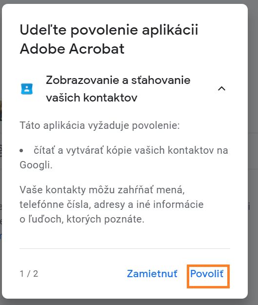 Dialógové okno s povolením aplikácie Acrobat na prístup ku kontaktom v službe Gmail