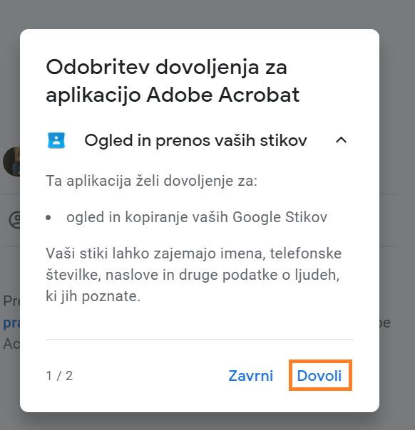Pogovorno okno z dovoljenji programa Acrobat za dostop do stikov v Gmailu