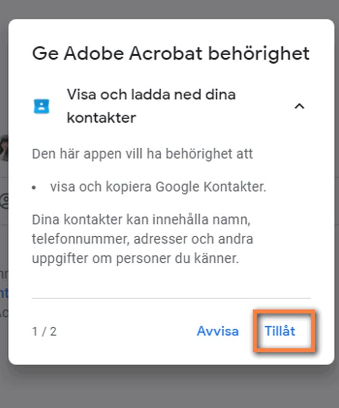 Dialogrutan Acrobat-behörigheter för att komma åt Gmail-kontakter