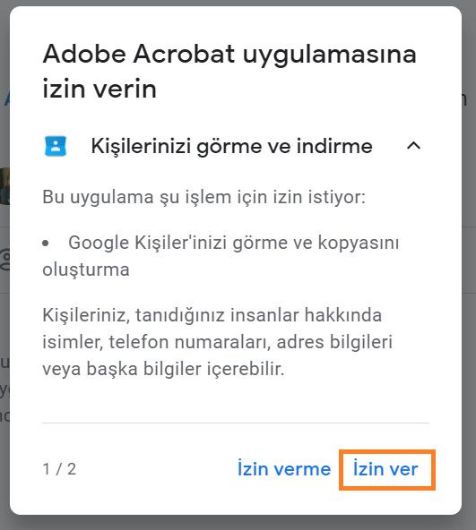 Gmail kişilerine erişmek için Acrobat izin iletişim kutusu