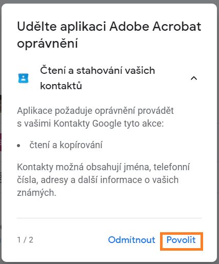 Dialogové okno oprávnění aplikace Acrobat pro přístup ke kontaktům ve službě Gmail
