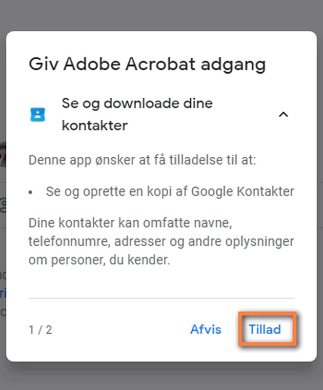 Acrobat-tilladelsesdialogboks for at få adgang til Gmail-kontakter