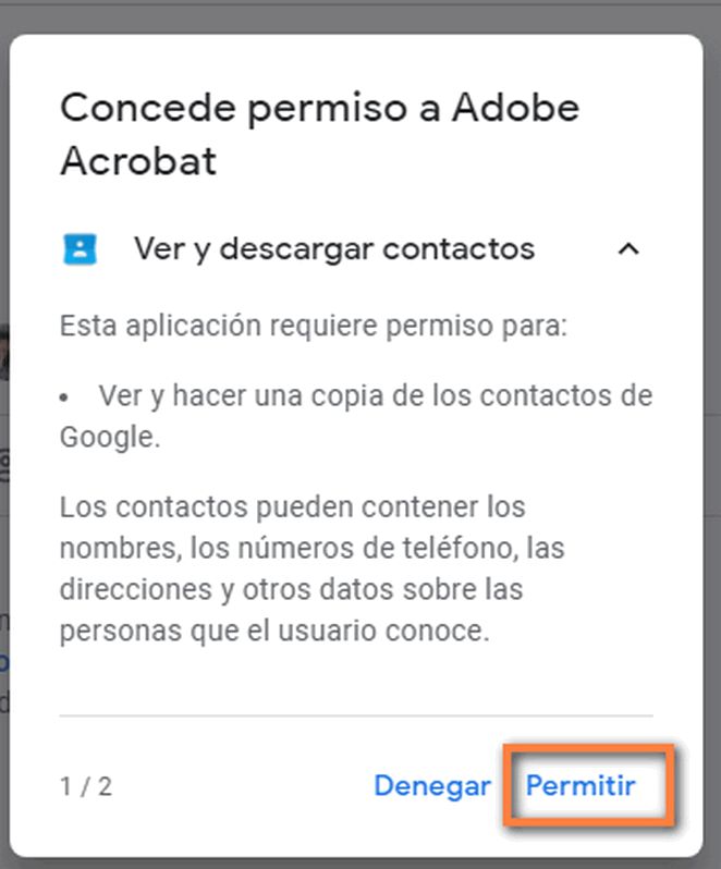 Cuadro de diálogo de permiso de Acrobat para acceder a contactos de Gmail